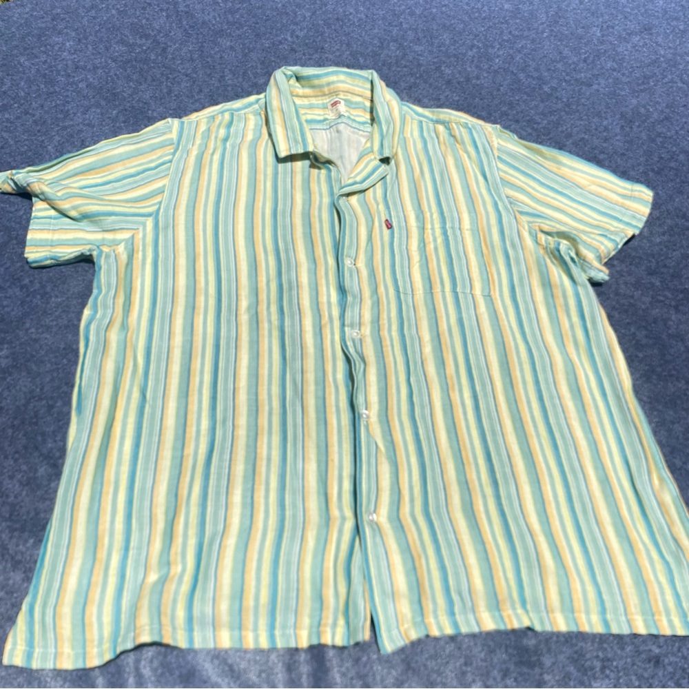 Levi's Men's Short Sleeve Striped Button-Up Shirt - Light Blue/Yellow gauge